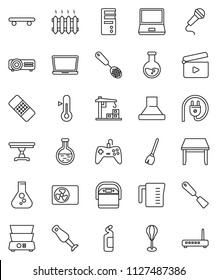 thin line vector icon set - broom vector, cleaning agent, measuring cup, skimmer, spatula, double boiler, blender, thermometer, flask, punching bag, skateboard, cinema clap, notebook pc, patch, hood