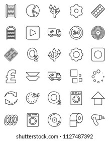 thin line vector icon set - washboard vector, toilet paper, plates, pie graph, arrow up, pound, oxygen, disk, play button, rec, pills blister, gear, refresh, loading, route, relocation truck, washer