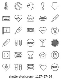 thin line vector icon set - sieve vector, arrow down, heart pulse, prohibition sign, no alcohol, cross, attention, glass, rec button, thermometer, vial, undo, stop, sale signboard, low price, new