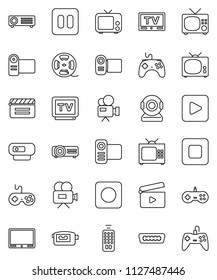 thin line vector icon set - cinema clap vector, film spool, tv, gamepad, video camera, remote control, play button, pause, stop, rec, hdmi, web, projector