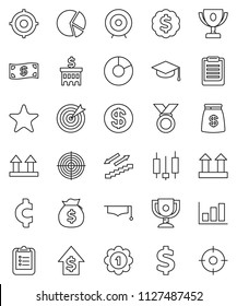thin line vector icon set - graduate hat vector, clipboard, award cup, graph, pie, japanese candle, money bag, dollar growth, bank building, target, medal, cent sign, stairways run, top, favorites
