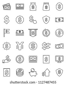 thin line vector icon set - exchange vector, dollar coin, cash, piggy bank, investment, growth, receipt, medal, flag, shield, monitor, cursor, yen sign, money, bag