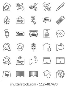 thin line vector icon set - pen vector, medal, personal information, muscule hand, shorts, cereals, no hook, weight, barcode, message, low price signboard, smart home, protect, new, open, percent
