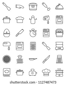 thin line vector icon set - pan vector, cook hat, apron, glove, timer, whisk, spatula, knife, grater, oven, double boiler, cookbook, sieve, dish, mixer, multi cooker, toaster