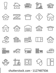thin line vector icon set - house hold vector, school building, measuring, dry cargo, hospital, home, attention sign, cottage, barn, plan, love, construction crane, protect, mall, window
