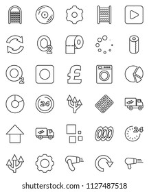 thin line vector icon set - washboard vector, toilet paper, plates, pie graph, arrow up, pound, oxygen, disk, play button, rec, pills blister, gear, refresh, redo, loading, route, relocation truck