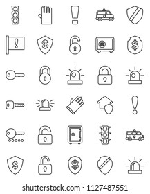 thin line vector icon set - rubber glove vector, dollar shield, safe, attention, traffic light, amkbulance car, lock, unlock, key, sign, siren, home protect, password