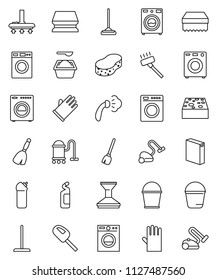 thin line vector icon set - broom vector, vacuum cleaner, mop, bucket, sponge, car fetlock, steaming, washer, washing powder, cleaning agent, rubber glove