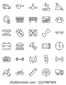 thin line vector icon set - rolling pin vector, microwave oven, ruler, backpack, bank, japanese candle, clock, barbell, measuring, bike, skateboard, bone, oxygen, satellite, car, calendar, wood box