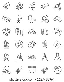 thin line vector icon set - thermometer vector, drawing compass, atom, telescope, microscope, magnet, flask, pills, molecule, satellite, vial, dna, drop counter, ovule