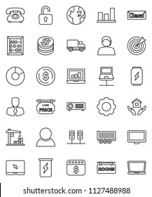 thin line vector icon set - house hold vector, abacus, world, dollar coin, graph, pie, laptop, manager, calendar, enegry drink, phone, support, truck trailer, delivery, monitor, notebook pc, server