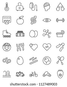 thin line vector icon set - toaster vector, egg, diet, barbell, stadium, bike, jump rope, hand trainer, boxing glove, roller Skates, molecule, stairways run, pool, heart cross, pulse, thermometer