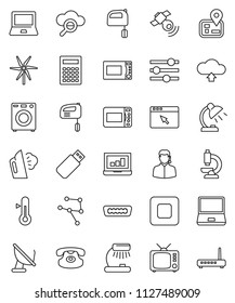 thin line vector icon set - steaming vector, mixer, microwave oven, thermometer, table lamp, calculator, notebook pc, laptop graph, navigator, satellitie, tv, classic phone, stop button, hdmi, usb