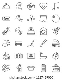 thin line vector icon set - fetlock vector, rake, welcome mat, kettle, dish, music, exchange, pound, fitball, shorts, shuttlecock, dry cargo, package, satellitie, link, group, battery, disabled, buy