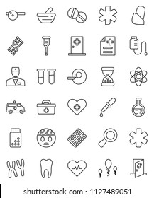 thin line vector icon set - atom vector, pills vial, doctor bag, ambulance star, heart pulse, cross, flask, magnifier, insemination, dropper, crutches, sand clock, blister, mortar, eye hat, bandage