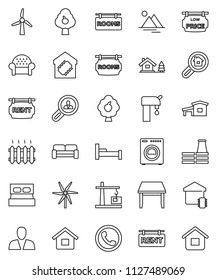 thin line vector icon set - house vector, cottage, chalet, windmill, water supply, fruit tree, mountain, rent signboard, rooms, low price, search estate, client, consumer, table, washer, heating