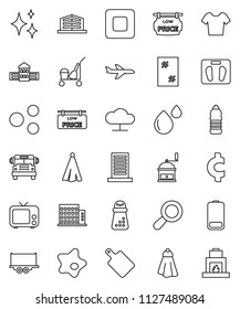 thin line vector icon set - cleaner trolley vector, towel, shining, window cleaning, splotch, cutting board, hand mill, school building, bus, cent sign, scales, t shirt, water bottle, plane, tv