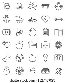 thin line vector icon set - diet vector, barbell, scales, heart pulse, stadium, clipboard, bike, weight, horizontal bar, fitball, buttocks, swimsuite, roller Skates, target, sports nutrition, pool