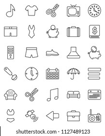 thin line vector icon set - ladle vector, scissors, music, piggy bank, case, annual report, clock, calendar, snickers, shorts, swimsuite, t shirt, umbrella, satellitie, menu, arrow, tv, hood, radio