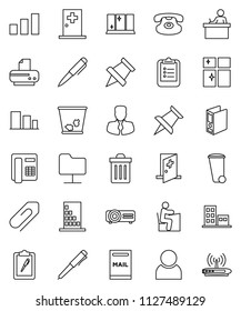 thin line vector icon set - trash bin vector, shining window, student, pen, clipboard, paper pin, manager, binder, sorting, classic phone, thumbtack, medical room, network folder, attachment, user