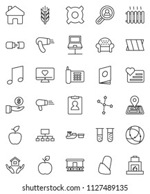 thin line vector icon set - house hold vector, apple fruit, music, constellation, investment, personal information, hierarchy, any currency, cereals, heart monitor, navigator, phone, port, vial
