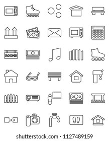 thin line vector icon set - welcome mat vector, microwave oven, blackboard, glasses, music, cash, calculator, roller Skates, money, dry cargo, top sign, film frame, mail, share, home, bench, fence