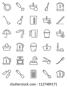 thin line vector icon set - broom vector, bucket, car fetlock, toilet brush, water tap, pan, kettle, measuring cup, cook press, whisk, spatula, ladle, grater, hand trainer, umbrella, scalpel, basket