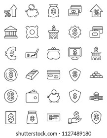 thin line vector icon set - school building vector, bank, dollar coin, gold ingot, credit card, wallet, percent growth, piggy, investment, check, medal, shield, monitor, any currency, euro sign