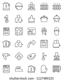 thin line vector icon set - iron vector, steaming, pan, camping cauldron, kettle, cook glove, toaster, oven, thermometer, bbq, steak, flammable, fireplace, heating, coffee maker, hair dryer, heater