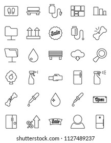 thin line vector icon set - water drop vector, welcome mat, sprayer, percent growth, consolidated cargo, top sign, sorting, magnifier, dropper, broken bone, counter, network folder, lan connector