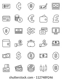thin line vector icon set - exchange vector, japanese candle, credit card, wallet, cash, investment, coin stack, check, dollar shield, monitor, euro sign, pound, cent, money