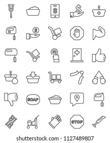 thin line vector icon set - soap vector, cleaner trolley, foam basin, rubber glove, mixer, investment, hand trainer, muscule, boxing, traking, cargo, touchscreen, finger up, down, crutches, stop