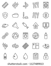 thin line vector icon set - scraper vector, water drop, window cleaning, toilet brush, washer, foam basin, blender, dollar growth, medal, monitor, bottle, route, internet, gender sign, pills blister