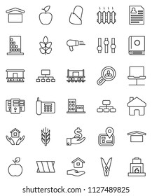 thin line vector icon set - clothespin vector, house hold, apple fruit, investment, personal information, hierarchy, cereals, navigator, Railway carriage, phone, dry cargo, settings, bandage, server