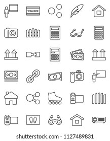 thin line vector icon set - welcome mat vector, pen, blackboard, glasses, calculator, cash, roller Skates, money, top sign, link, share, home, connection, fence, camera, video, projector