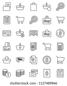 thin line vector icon set - dollar coin vector, cart, credit card, stack, receipt, estate document, search, new, shopping bag, buy, barcode, reader, basket, list