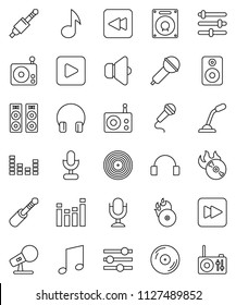 thin line vector icon set - music vector, disk, hit, microphone, radio, speaker, equalizer, headphones, play button, forward, backward, jack