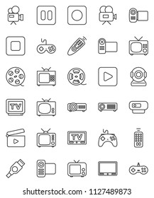 thin line vector icon set - cinema clap vector, film spool, tv, gamepad, video camera, remote control, play button, pause, stop, rec, hdmi, web, projector