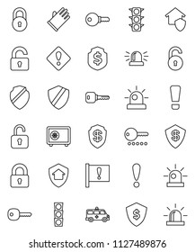 thin line vector icon set - rubber glove vector, dollar shield, safe, attention, traffic light, amkbulance car, lock, unlock, key, sign, siren, home protect, password