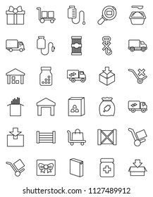thin line vector icon set - washing powder vector, cereal, pasta, delivery, wood box, cargo, no trolley, hook, warehouse, package, search, pills bottle, drop counter, relocation truck, gift