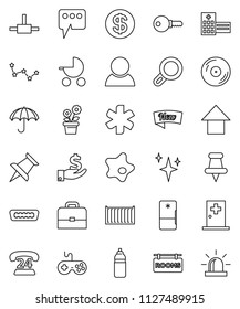 thin line vector icon set - shining vector, splotch, case, constellation, investment, arrow up, water bottle, phone 24, sea container, umbrella, disk, gamepad, thumbtack, hdmi, ambulance star, new