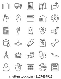 thin line vector icon set - vacuum cleaner vector, scoop, towel, scales, cook timer, drawing compass, calculator, schedule, scissors, dollar coin, case, investment, sign, muscule hand, bone, potion