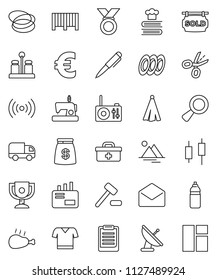 thin line vector icon set - towel vector, cookbook, spices, plates, chicken leg, pen, clipboard, award cup, japanese candle, euro sign, t shirt, medal, water bottle, hoop, mail, doctor bag, mountain