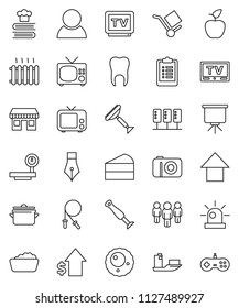 thin line vector icon set - scraper vector, foam basin, pan, cookbook, cake, pen, apple fruit, presentation, dollar growth, man, arrow up, clipboard, jump rope, office, ship, cargo, big scales, tv