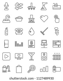 thin line vector icon set - plunger vector, vacuum cleaner, rake, water drop, foam basin, cleaning agent, tap, exchange, heart monitor, phone, consolidated cargo, glass, no hook, sorting, search