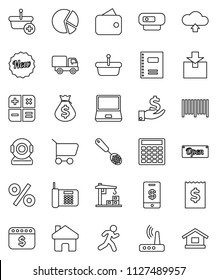 thin line vector icon set - skimmer vector, copybook, pie graph, money bag, investment, calculator, receipt, dollar calendar, run, package, notebook pc, router, home, cloud upload, wallet, new, open