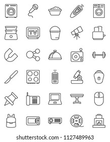 thin line vector icon set - bucket vector, foam basin, toaster, oven, double boiler, dish, backpack, telescope, microscope, notebook pc, paper pin, magnet, barbell, film spool, radio, tv, scalpel