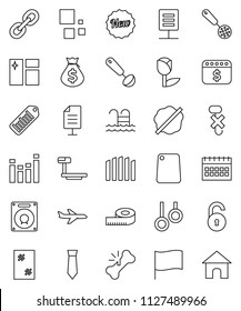 thin line vector icon set - window cleaning vector, splotch, skimmer, ladle, cutting board, flag, money bag, tie, dollar calendar, measuring, pool, gymnast rings, plane, no hook, tulip, big scales