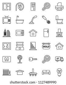 thin line vector icon set - vacuum cleaner vector, welcome mat, bath, toilet, skimmer, dry cargo, key, house, plan, sold signboard, apartments, office building, search estate, cushioned furniture