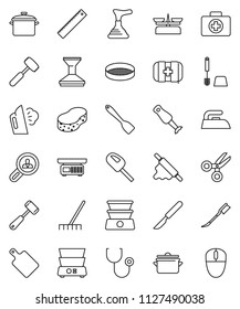 thin line vector icon set - plunger vector, rake, sponge, car fetlock, iron, steaming, toilet brush, pan, spatula, rolling pin, meat hammer, cutting board, double boiler, blender, sieve, ruler